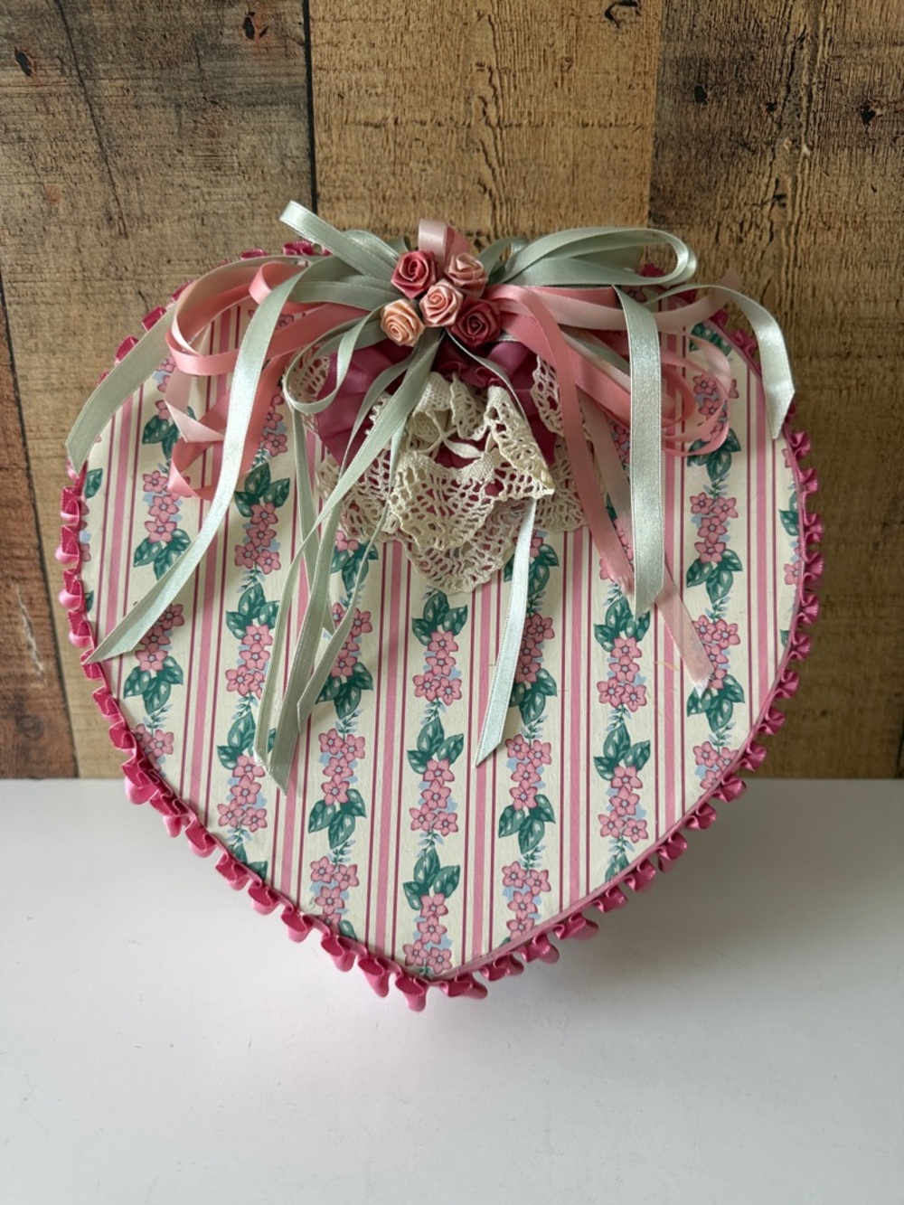 Heart-Shaped Floral Ribbon Gift Box - Pink & Green with Assorted Lace and Ribbon